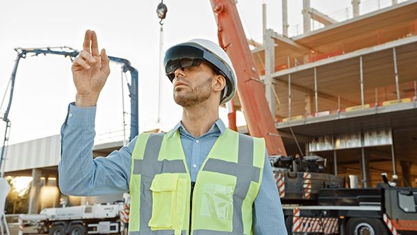 Man at a construction site wearing VR glasses