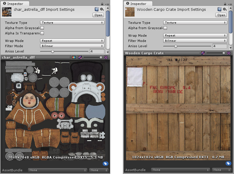 Two examples of albedo texture maps. On the left is a texture map for a character model, and on the right is a wooden crate. There are no shadows or lighting in the textures.
